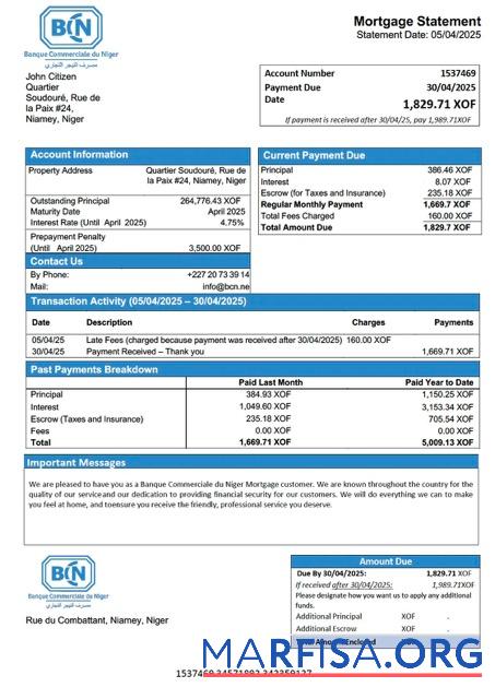 Premium Niger Banque Commerciale du Niger┬á(BCN) Hypothek Kontoauszug Word and PDF Vorlage