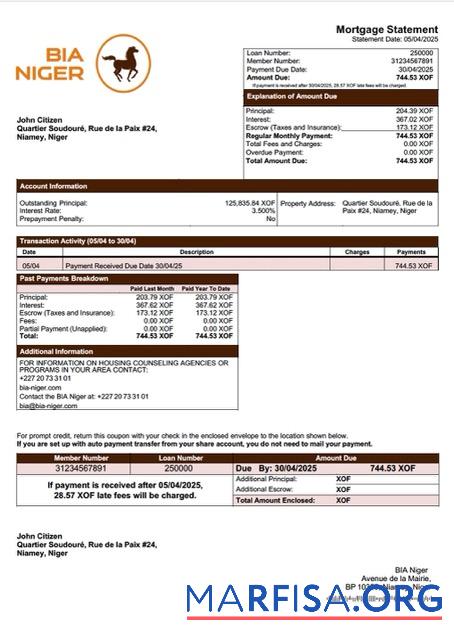 Realistisch Niger Banque Internationale pour l'Afrique au Niger (BIA Niger) Hypothek Kontoauszug Word and PDF Vorlage