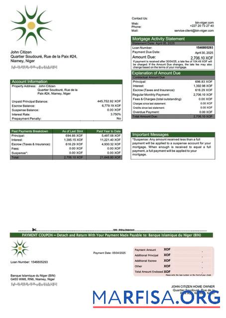 Bearbeitbar Niger Banque Islamique du Niger (BIN) Hypothek Kontoauszug Word and PDF Vorlage