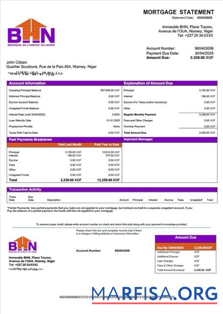 Professionell Niger Banque de l'Habitat du Niger (BHN) Hypothek Kontoauszug Word and PDF Vorlage