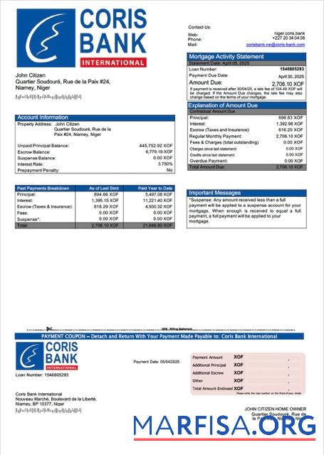 Bearbeitbar Niger Coris Bank International Hypothek Kontoauszug Word and PDF Vorlage