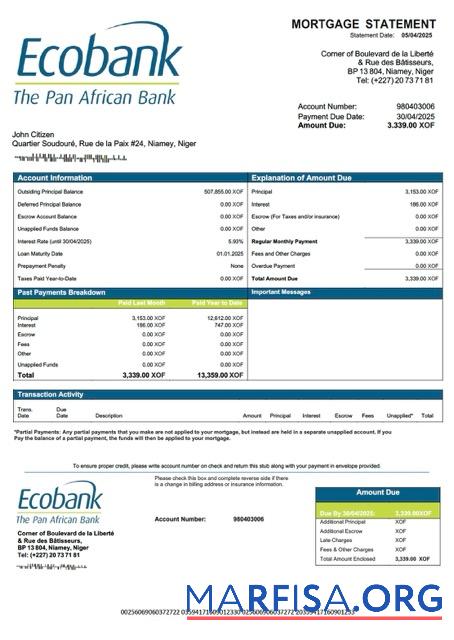 Premium Niger Ecobank Hypothek Kontoauszug Word and PDF Vorlage