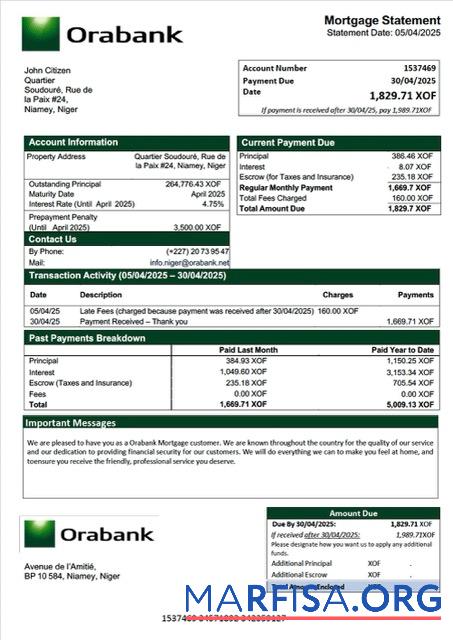 Professionell Niger Orabank Hypothek Kontoauszug Word and PDF Vorlage