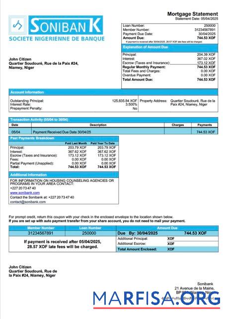 Premium Niger Sonibank Hypothek Kontoauszug Word and PDF Vorlage
