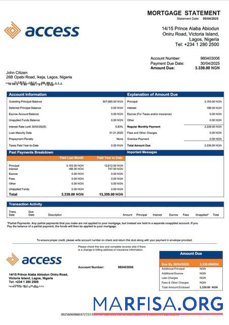 Hohe Qualität Nigeria Access Bank Hypothek Kontoauszug Word and PDF Vorlage