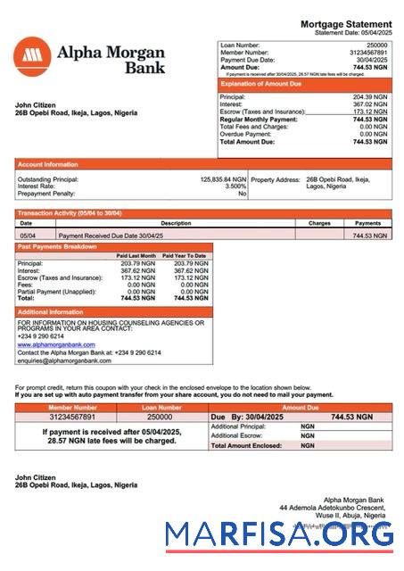 Realistisch Nigeria Alpha Morgan Bank Hypothek Kontoauszug Word and PDF Vorlage