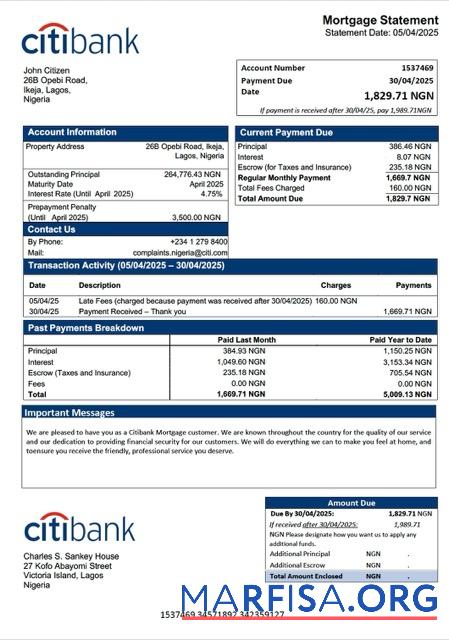 Hohe Qualität Nigeria Citibank Hypothek Kontoauszug Word and PDF Vorlage