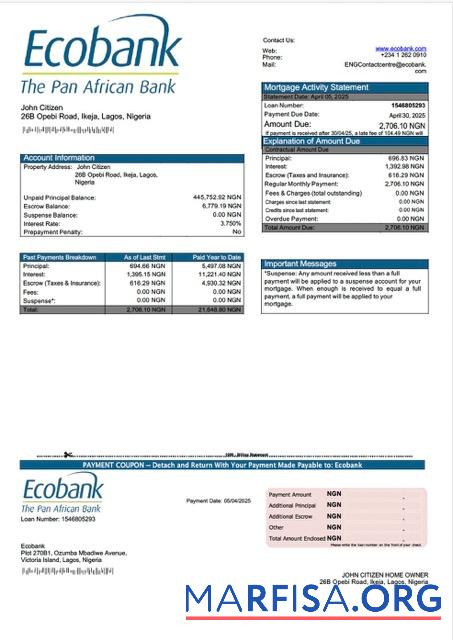 Bearbeitbar Nigeria Ecobank Hypothek Kontoauszug Word and PDF Vorlage