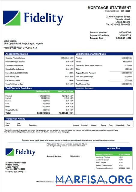 Bearbeitbar Nigeria Fidelity Bank Hypothek Kontoauszug Word and PDF Vorlage