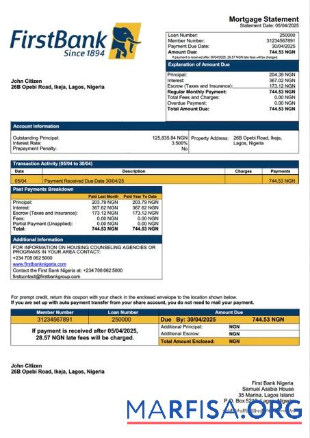 Premium Nigeria First Bank Nigeria Hypothek Kontoauszug Word and PDF Vorlage