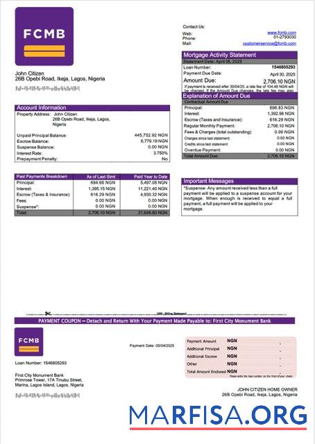Realistisch Nigeria First City Monument Bank Hypothek Kontoauszug Word and PDF Vorlage