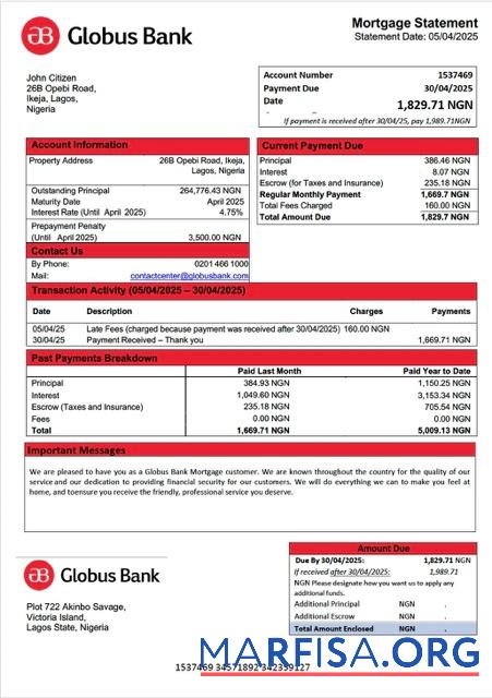 Realistisch Nigeria Globus Bank Hypothek Kontoauszug Word and PDF Vorlage