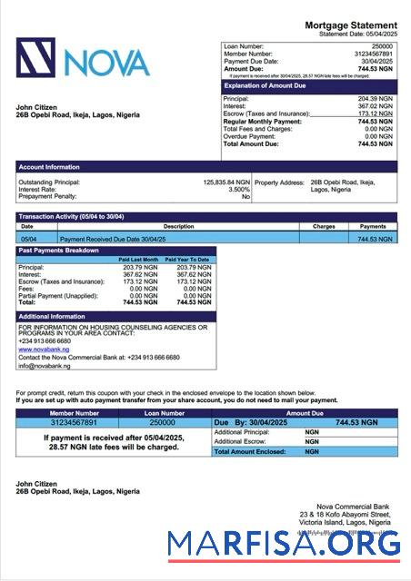 Hohe Qualität Nigeria Nova Kommerziell Bank Hypothek Kontoauszug Word and PDF Vorlage