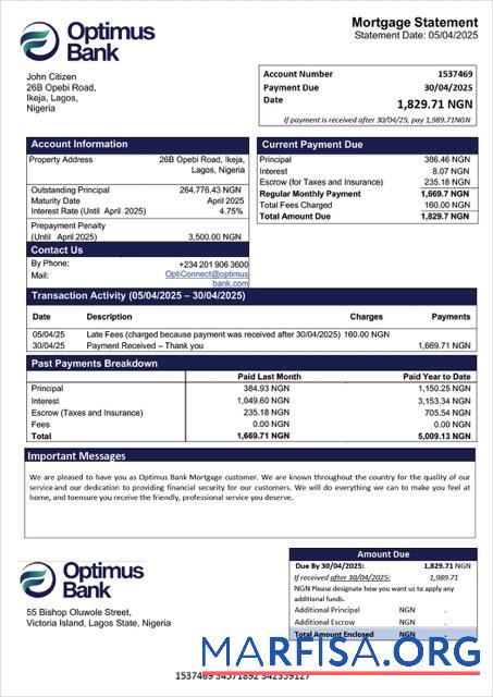 Hohe Qualität Nigeria Optimus Bank Hypothek Kontoauszug Word and PDF Vorlage