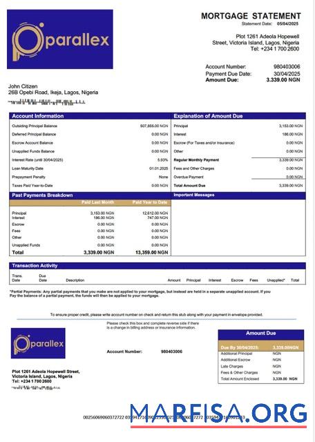 Realistisch Nigeria Parallex Bank Hypothek Kontoauszug Word and PDF Vorlage