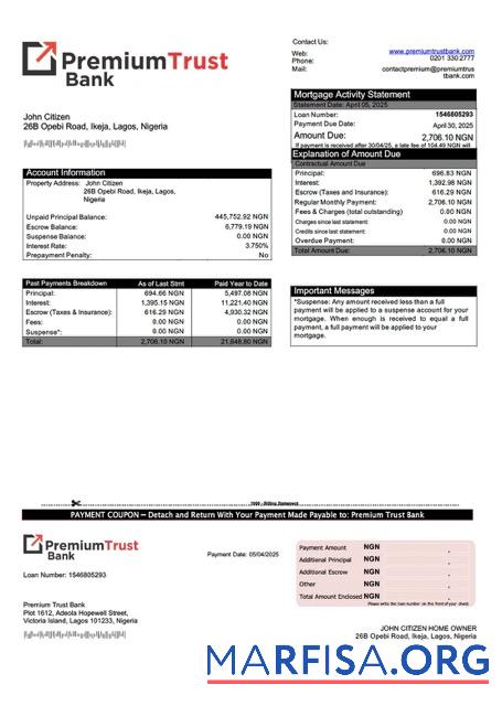 Hohe Qualität Nigeria Premium Trust Bank Hypothek Kontoauszug Word and PDF Vorlage