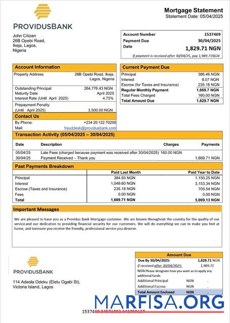 Hohe Qualität Nigeria Providus Bank Hypothek Kontoauszug Word and PDF Vorlage