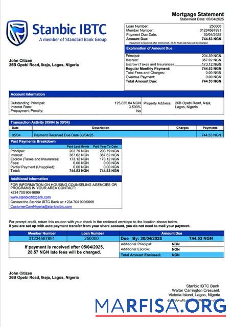 Professionell Nigeria Stanbic IBTC Bank Hypothek Kontoauszug Word and PDF Vorlage