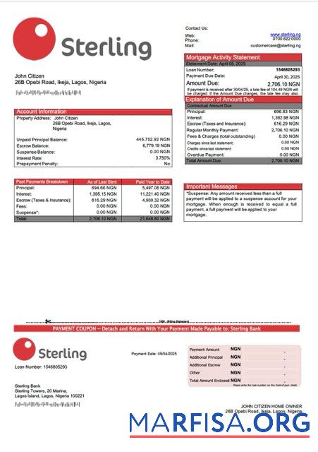Professionell Nigeria Sterling Bank Hypothek Kontoauszug Word and PDF Vorlage