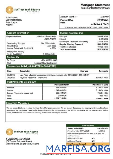 Bearbeitbar Nigeria SunTrust Bank Hypothek Kontoauszug Word and PDF Vorlage