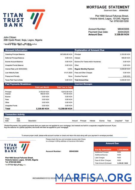 Premium Nigeria Titan Trust Bank Hypothek Kontoauszug Word and PDF Vorlage