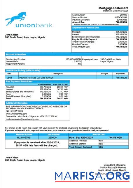 Realistisch Nigeria Union Bank of Nigeria Hypothek Kontoauszug Word and PDF Vorlage