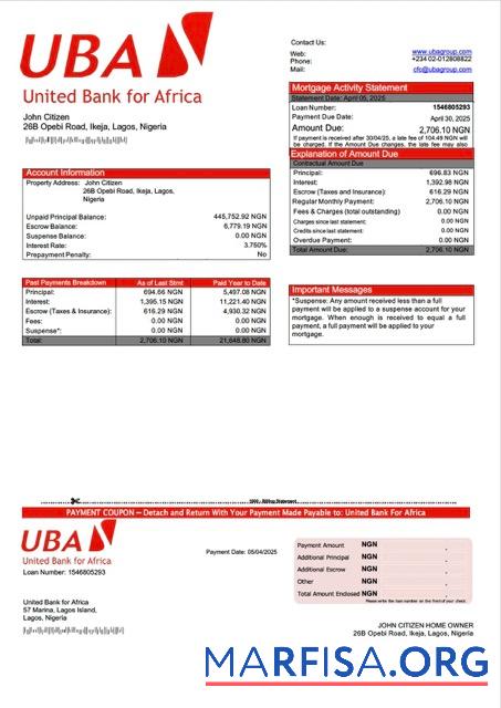 Hohe Qualität Nigeria United Bank for Africa Hypothek Kontoauszug Word and PDF Vorlage