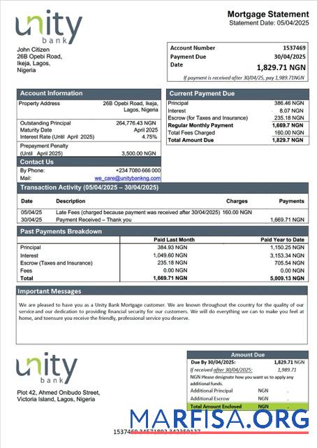 Bearbeitbar Nigeria Unity Bank Hypothek Kontoauszug Word and PDF Vorlage