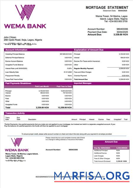Realistisch Nigeria Wema Bank Hypothek Kontoauszug Word and PDF Vorlage