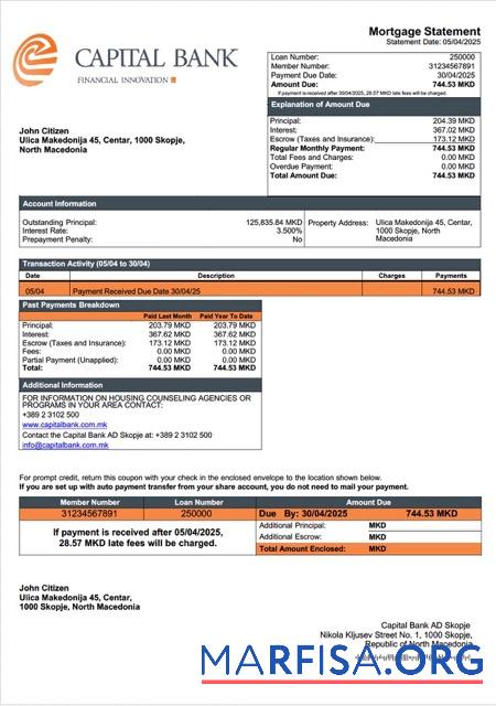 Hohe Qualität Nordmazedonien Capital Bank AD Skopje Hypothek Kontoauszug Word and PDF Vorlage