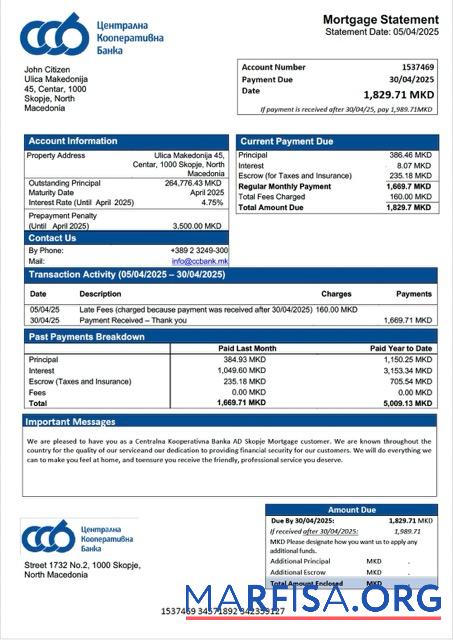 Bearbeitbar Nordmazedonien Centralna Kooperativna Banka AD Skopje Hypothek Kontoauszug Word and PDF Vorlage