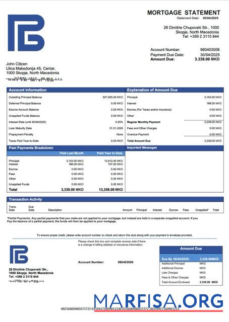 Bearbeitbar Nordmazedonien Development Bank of Nordmazedonien Hypothek Kontoauszug Word and PDF Vorlage