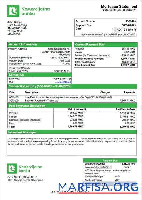 Bearbeitbar Nordmazedonien Komercijalna Banka Hypothek Kontoauszug Word and PDF Vorlage