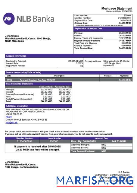 Professionell Nordmazedonien NLB Banka Hypothek Kontoauszug Word and PDF Vorlage
