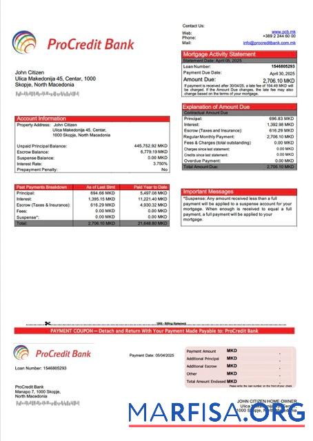 Hohe Qualität Nordmazedonien ProCredit Bank Hypothek Kontoauszug Word and PDF Vorlage