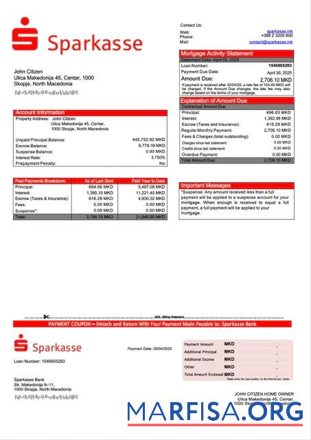 Bearbeitbar Nordmazedonien Sparkasse Bank Hypothek Kontoauszug Word and PDF Vorlage