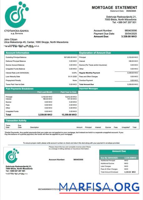 Premium Nordmazedonien Stopanska Banka AD Bitola Hypothek Kontoauszug Word and PDF Vorlage