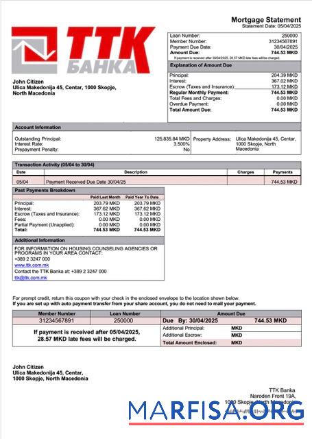 Bearbeitbar Nordmazedonien TTK Banka Hypothek Kontoauszug Word and PDF Vorlage