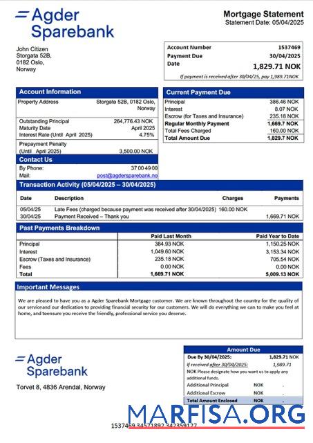 Hohe Qualität Norwegen Agder Sparebank Hypothek Kontoauszug Word and PDF Vorlage