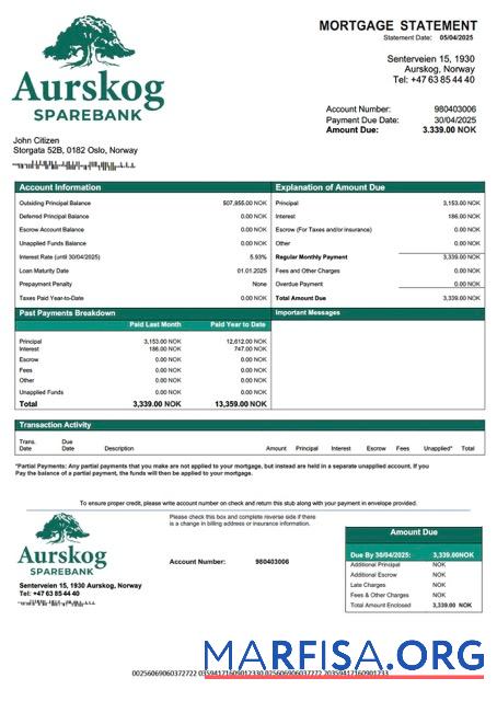 Professionell Norwegen Aurskog Sparebank Hypothek Kontoauszug Word and PDF Vorlage