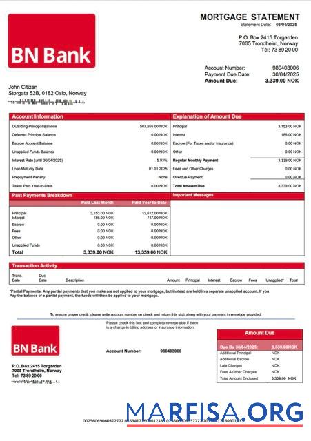 Professionell Norwegen BN Bank Hypothek Kontoauszug Word and PDF Vorlage