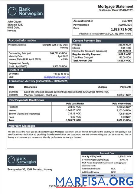 Realistisch Norwegen Bank Norwegian Hypothek Kontoauszug Word and PDF Vorlage