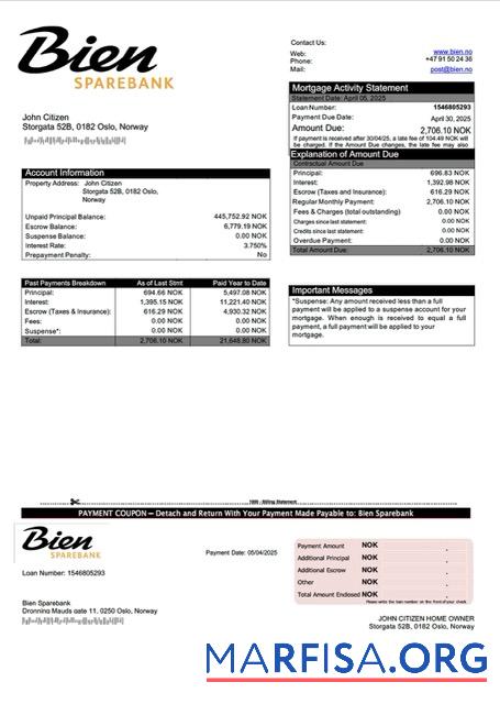 Bearbeitbar Norwegen Bien Sparebank Hypothek Kontoauszug Word and PDF Vorlage