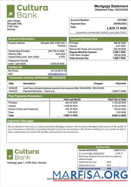 Hohe Qualität Norwegen Cultura Sparebank Hypothek Kontoauszug Word and PDF Vorlage