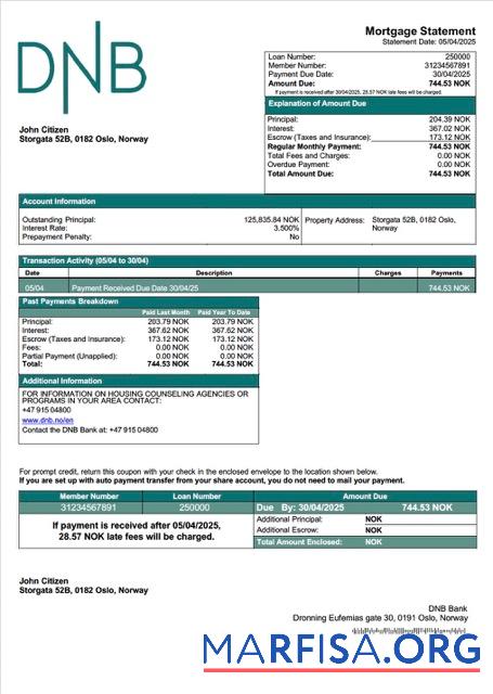 Bearbeitbar Norwegen DNB Bank Hypothek Kontoauszug Word and PDF Vorlage