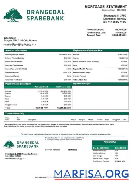 Bearbeitbar Norwegen Drangedal Sparebank Hypothek Kontoauszug Word and PDF Vorlage