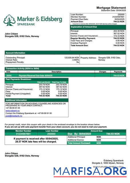 Hohe Qualität Norwegen Eidsberg Sparebank Hypothek Kontoauszug Word and PDF Vorlage