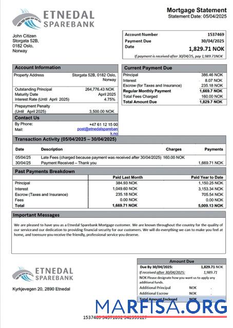 Bearbeitbar Norwegen Etnedal Sparebank Hypothek Kontoauszug Word and PDF Vorlage
