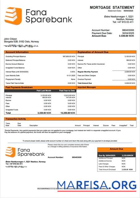 Hohe Qualität Norwegen Fana Sparebank Hypothek Kontoauszug Word and PDF Vorlage