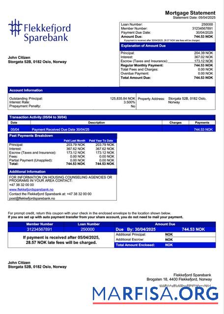 Hohe Qualität Norwegen Flekkefjord Sparebank Hypothek Kontoauszug Word and PDF Vorlage
